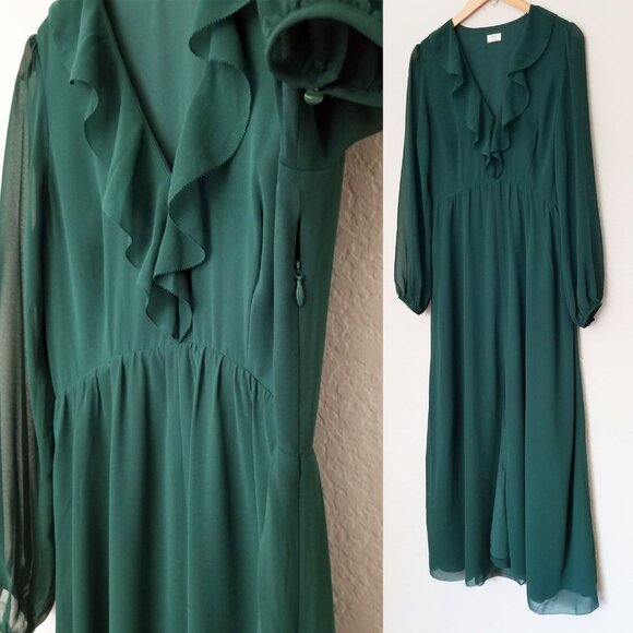Aritzia Wilfred Millie Dress 8 Forest Green Romantic Ruffle Chiffon Maxi Slit - Picture 13 of 16